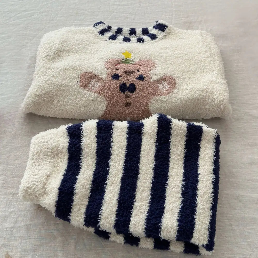 秋冬 キッズ 休闲 ゆったり 半分フリース ルームウェア セットアップ 男女兼用 中・小童 クリスマス クマ キャラクター パジャマ ID2671 ネイビー / 90cm