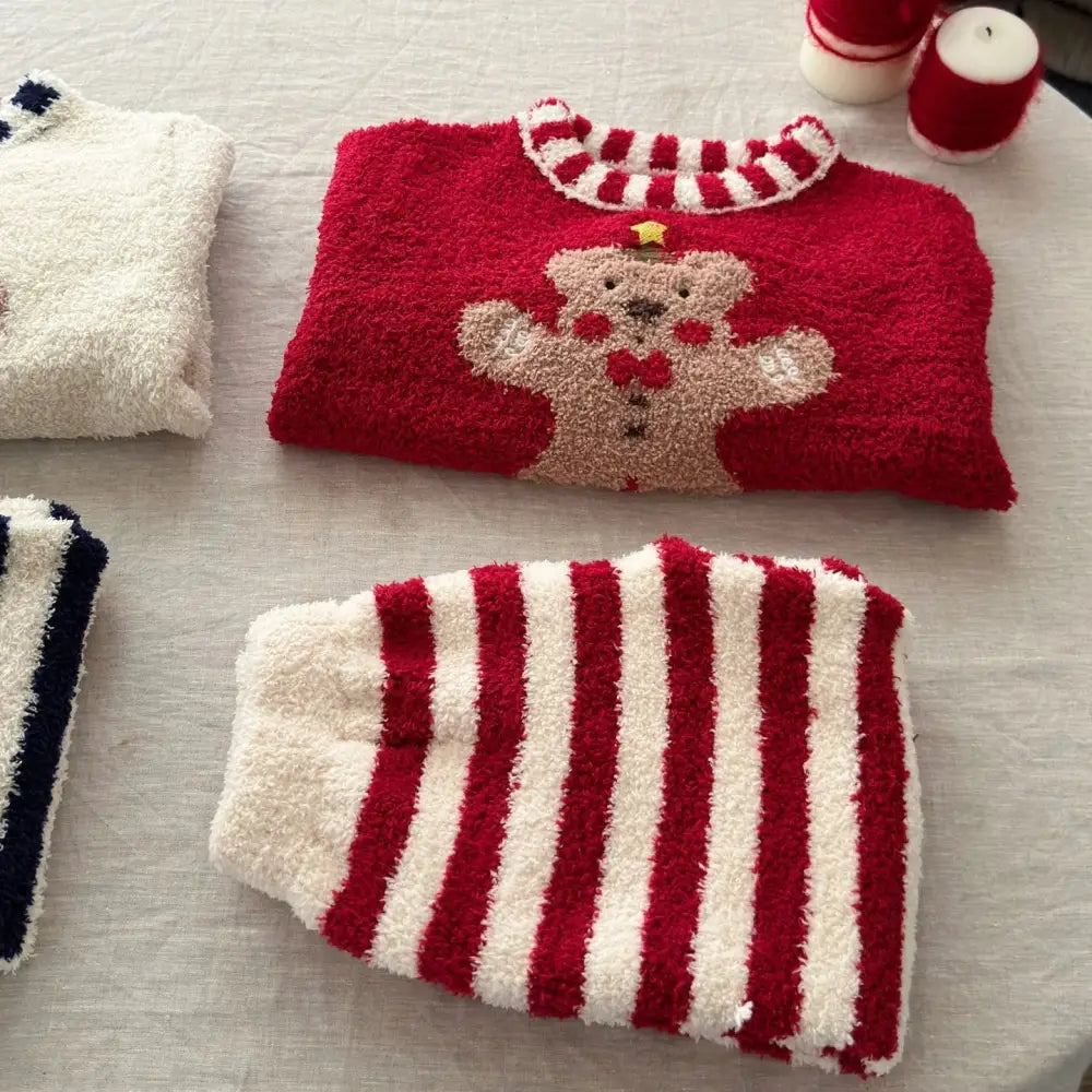 秋冬 キッズ 休闲 ゆったり 半分フリース ルームウェア セットアップ 男女兼用 中・小童 クリスマス クマ キャラクター パジャマ ID2671 レッド / 90cm