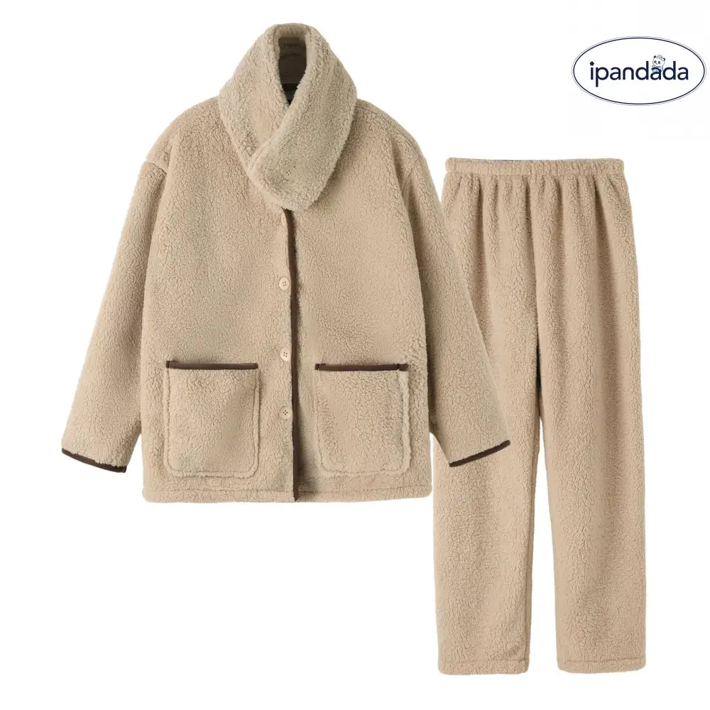 秋冬 コーラルフリース カップル パジャマ シンプル カーディガン スカーフ付き 3点セット 男女兼用 保温 ルームウェア ID2638