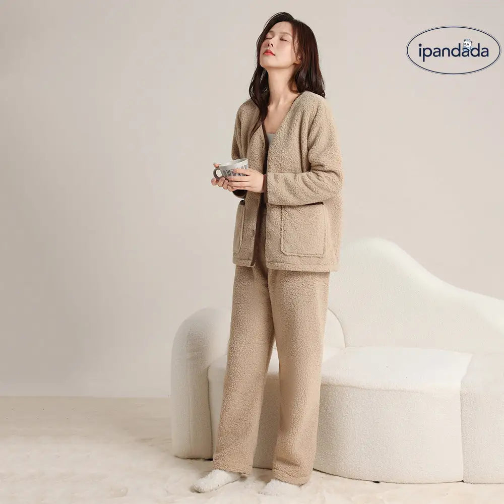 秋冬 コーラルフリース カップル パジャマ シンプル カーディガン スカーフ付き 3点セット 男女兼用 保温 ルームウェア ID2638