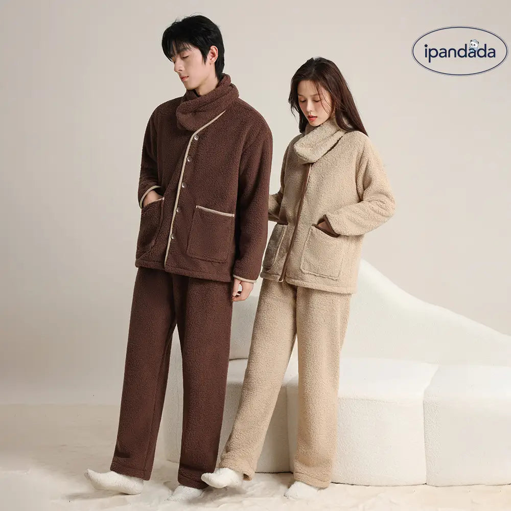 秋冬 コーラルフリース カップル パジャマ シンプル カーディガン スカーフ付き 3点セット 男女兼用 保温 ルームウェア ID2638