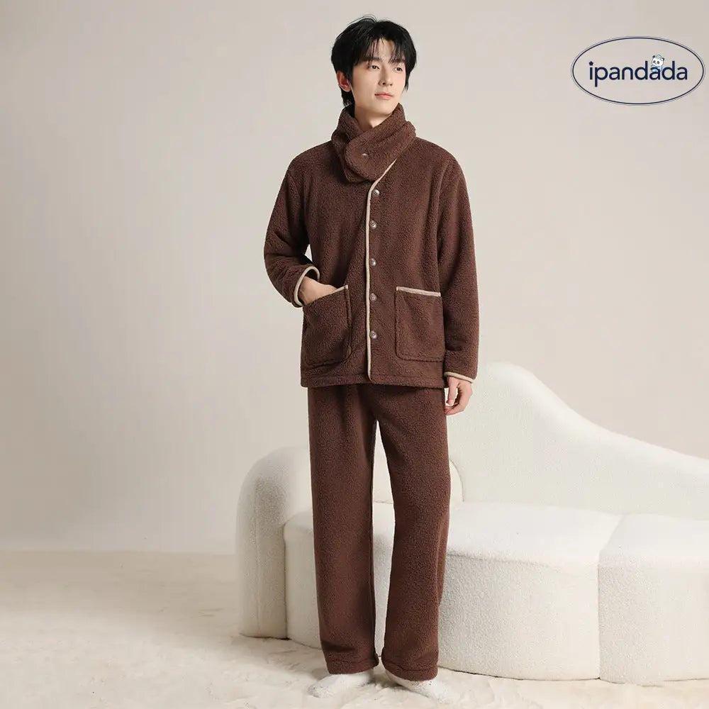 秋冬 コーラルフリース カップル パジャマ シンプル カーディガン スカーフ付き 3点セット 男女兼用 保温 ルームウェア ID2638