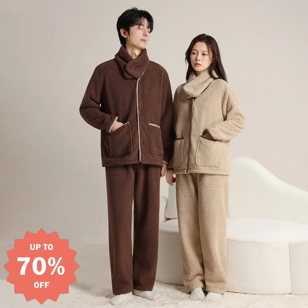 秋冬 コーラルフリース カップル パジャマ シンプル カーディガン スカーフ付き 3点セット 男女兼用 保温 ルームウェア ID2638
