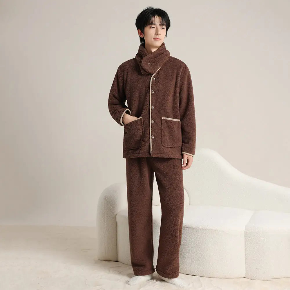 秋冬 コーラルフリース カップル パジャマ シンプル カーディガン スカーフ付き 3点セット 男女兼用 保温 ルームウェア ID2638 写真通り / メンズL