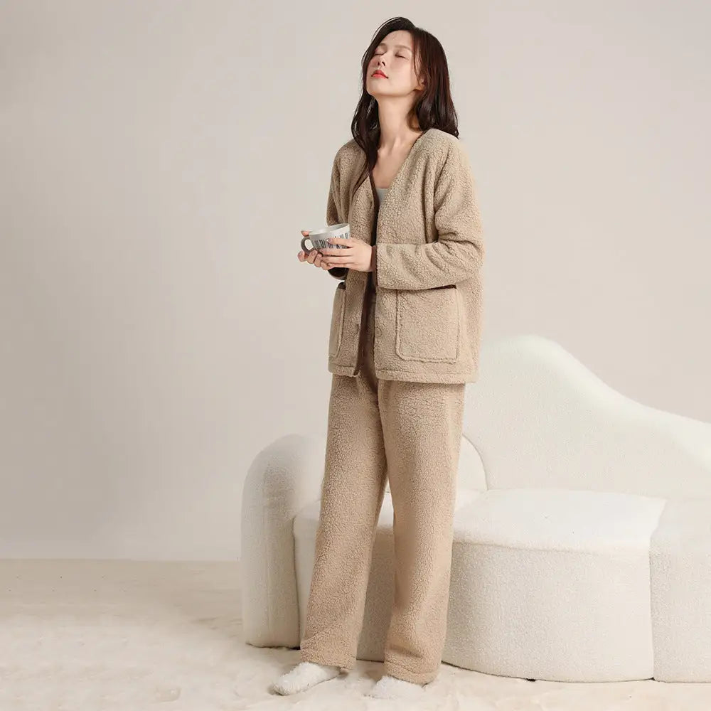 秋冬 コーラルフリース カップル パジャマ シンプル カーディガン スカーフ付き 3点セット 男女兼用 保温 ルームウェア ID2638 写真通り / レディースＭ