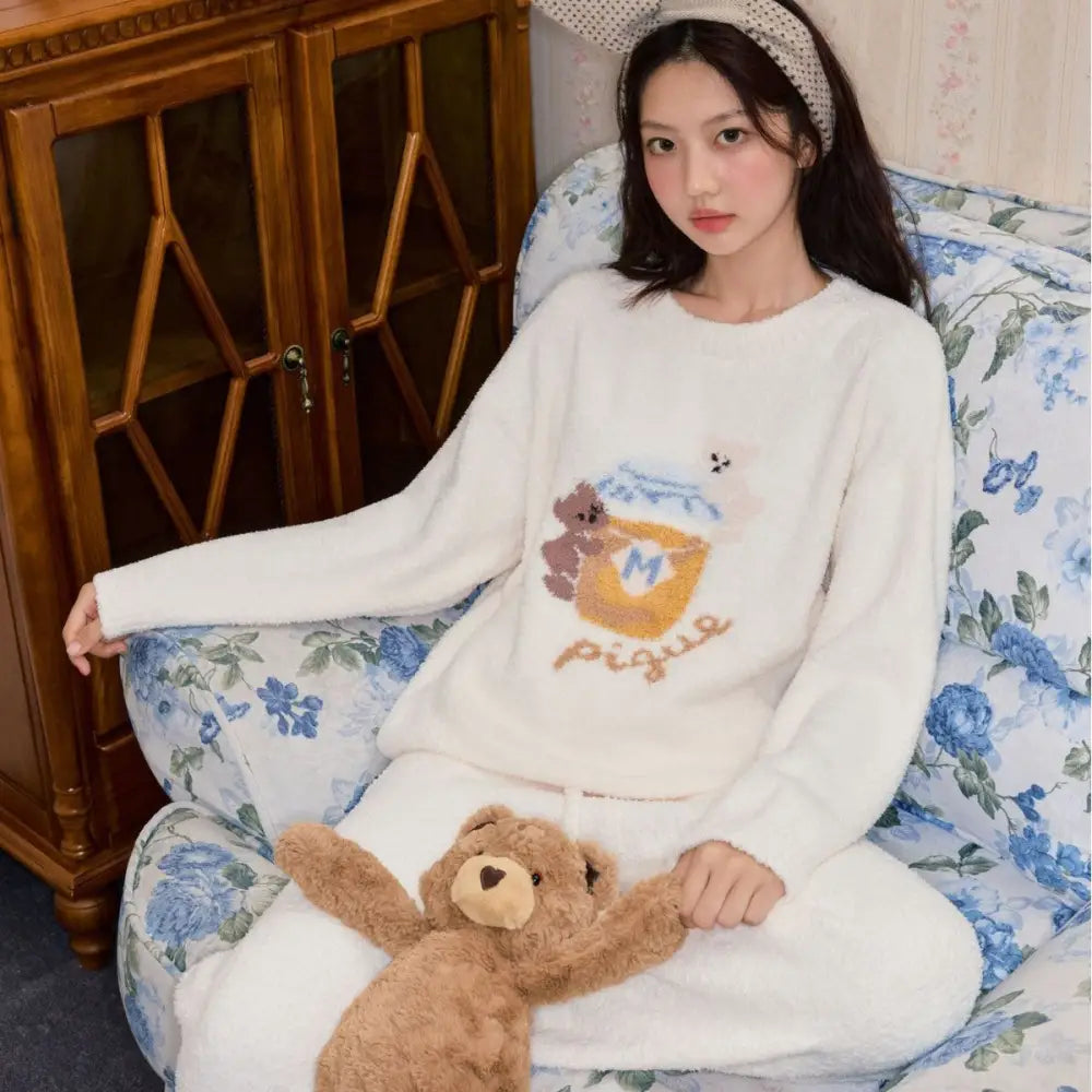 秋冬 毛布 カートゥーン ハニー ベア セットアップ かわいい ふわふわ ラウンドネックルームウェア 女性用 パジャマ ID2802 ホワイト / M