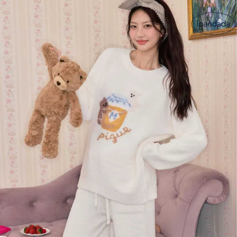 秋冬 毛布 カートゥーン ハニー ベア セットアップ かわいい ふわふわ ラウンドネックルームウェア 女性用 パジャマ ID2802