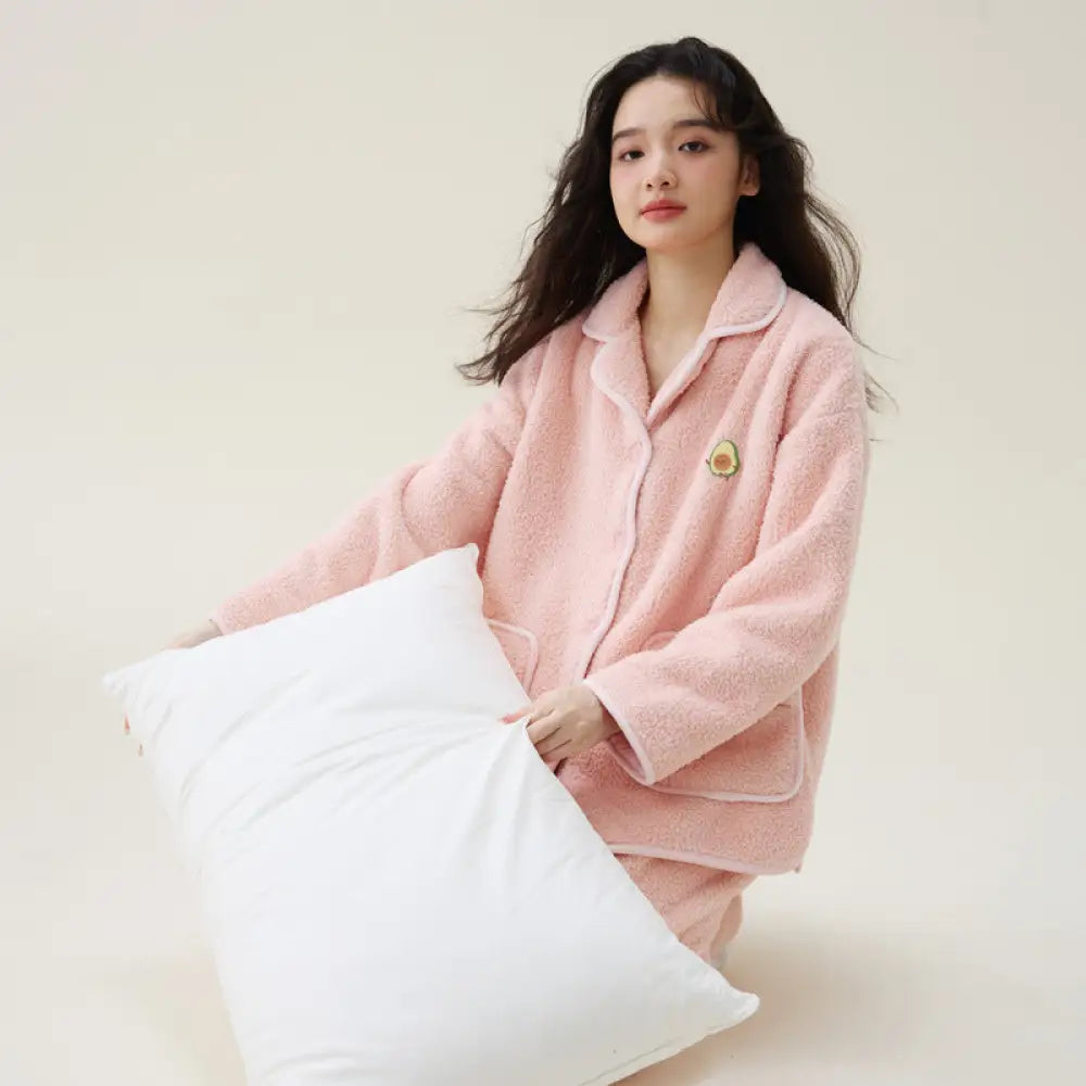 秋冬 パジャマ 女性 フリース カップル 男性 厚手 セット カーディガン 冬 ルームウェア ID2728 女性 ピンク / レディースＭ
