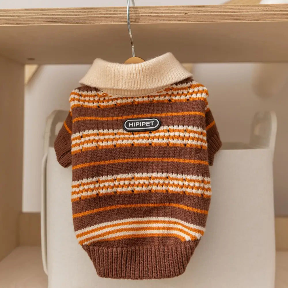 秋冬 ペット 服 フォーマルカラー ニット ストライプ セーター 小型犬 子犬 テディ ベア ビション ドッグウェア ID2733 ブラウン / XS