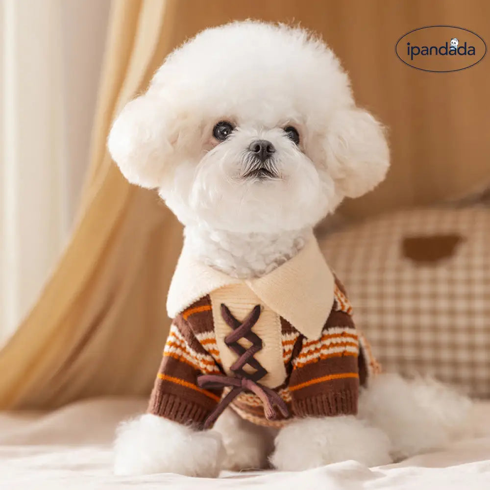 秋冬 ペット 服 フォーマルカラー ニット ストライプ セーター 小型犬 子犬 テディ ベア ビション ドッグウェア ID2733