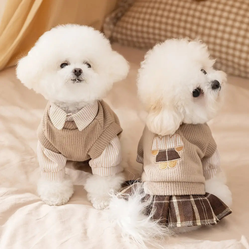秋冬 ペットウェア アカデミースタイル 小熊 刺繍 カップル ペアルック 2点セット 小型犬 ビション フリーゼ テディ ドッグウェア ID2798