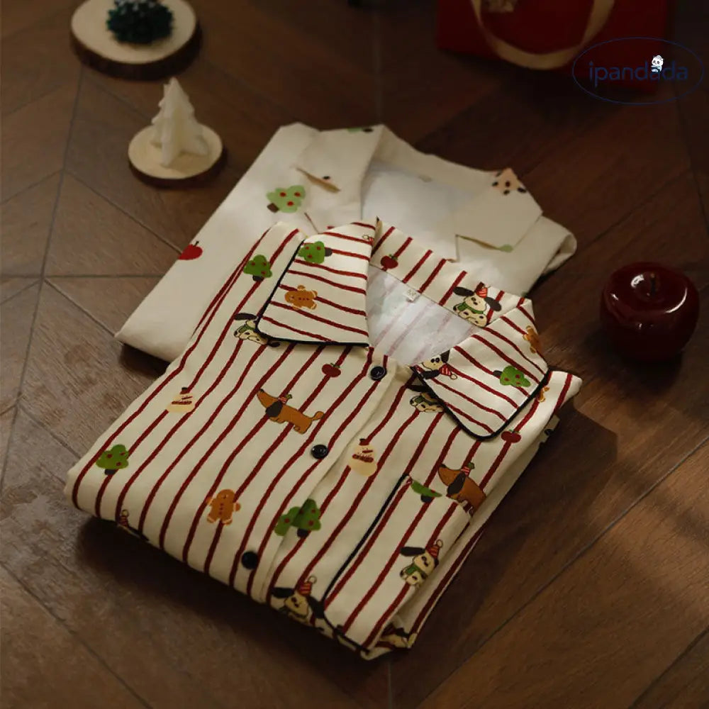 秋冬 全棉 フランネル 翻領 ストライプ ルームウェア カートゥーン クリスマスツリー 犬 プリント 長袖 パジャマ セット ID3075 レディース＞セットアップ