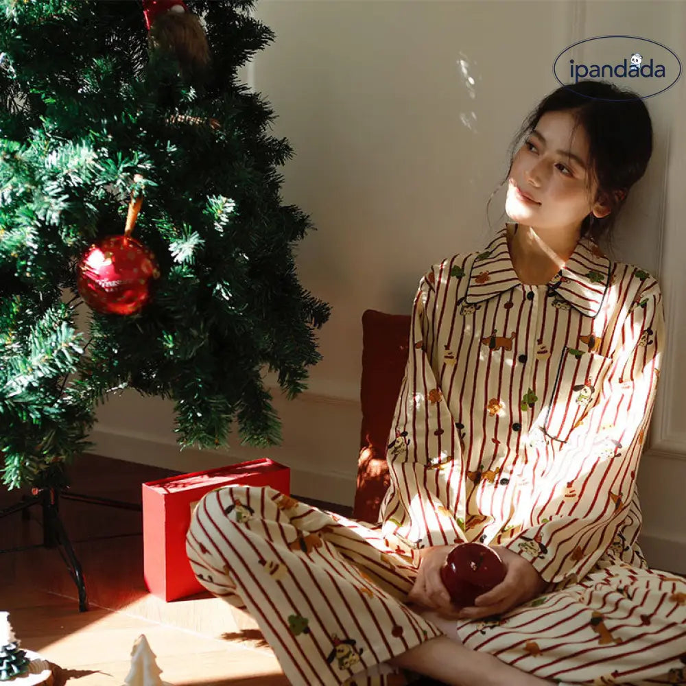 秋冬 全棉 フランネル 翻領 ストライプ ルームウェア カートゥーン クリスマスツリー 犬 プリント 長袖 パジャマ セット ID3075 レディース＞セットアップ
