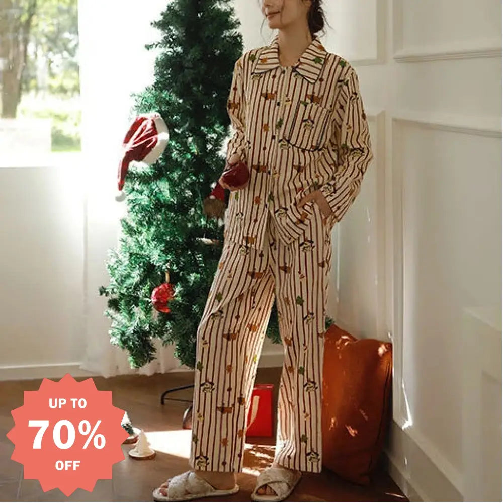 秋冬 全棉 フランネル 翻領 ストライプ ルームウェア カートゥーン クリスマスツリー 犬 プリント 長袖 パジャマ セット ID3075 レディース＞セットアップ