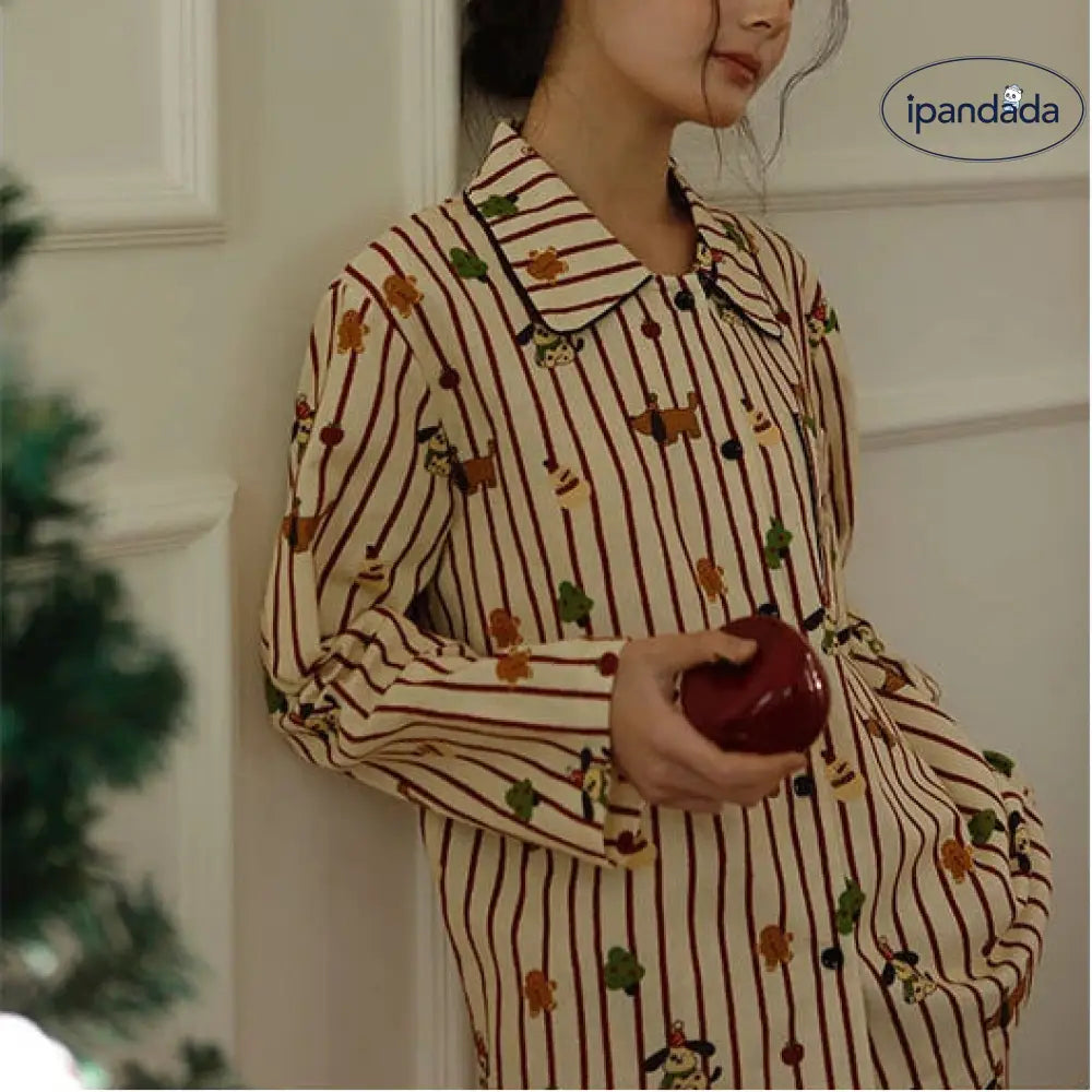 秋冬 全棉 フランネル 翻領 ストライプ ルームウェア カートゥーン クリスマスツリー 犬 プリント 長袖 パジャマ セット ID3075 レディース＞セットアップ