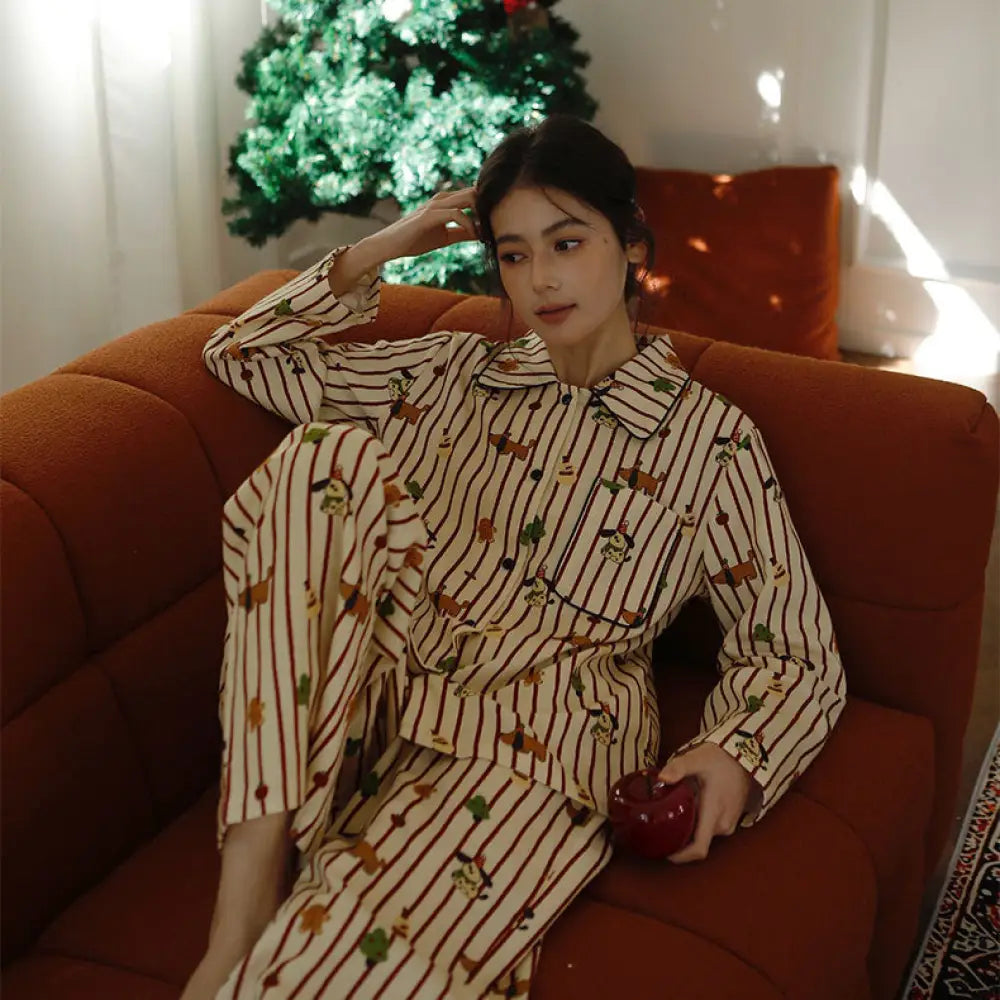 秋冬 全棉 フランネル 翻領 ストライプ ルームウェア カートゥーン クリスマスツリー 犬 プリント 長袖 パジャマ セット ID3075 写真通り / M レディース＞セットアップ