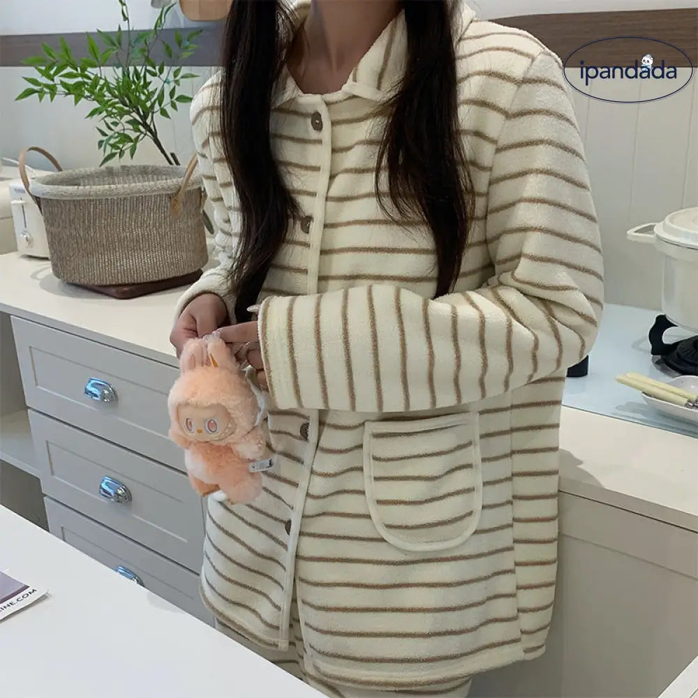 秋冬 レディース フリース 厚手 保温 セットアップ フリース ストライプ パジャマ 冬 着る毛布 もこもこ 長袖 あったか 暖かい 冬用 クリスマスプレゼント ID3488 写真通り / フリー レディース＞セットアップ