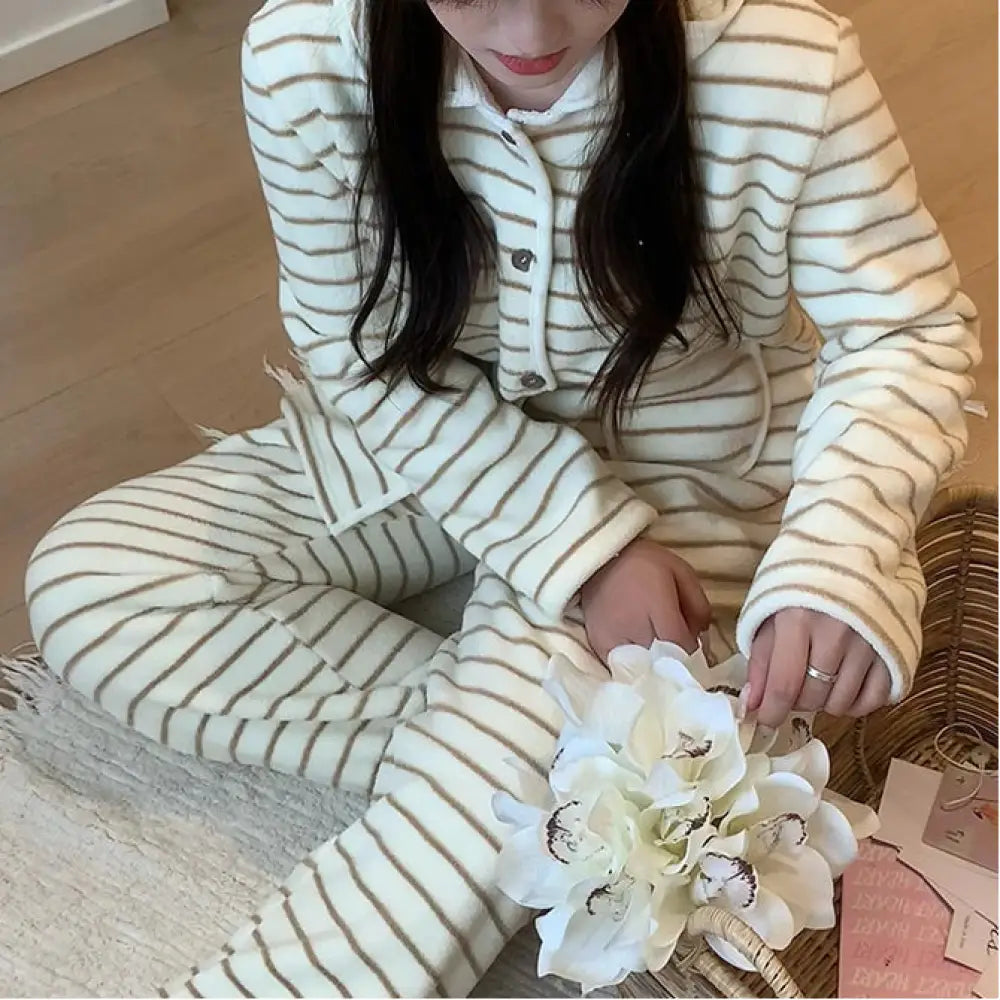 秋冬 レディース フリース 厚手 保温 セットアップ フリース ストライプ パジャマ 冬 着る毛布 もこもこ 長袖 あったか 暖かい 冬用 クリスマスプレゼント ID3488 写真通り / フリー レディース＞セットアップ