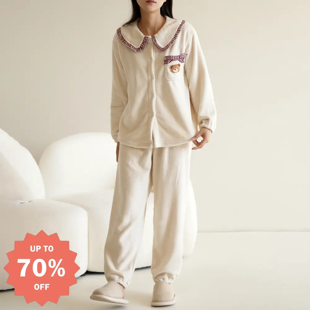 秋冬 レディース パジャマ フリース 長袖 長ズボン 厚手 ドールカラー 可愛い 学院風 ルームウェア ID2741