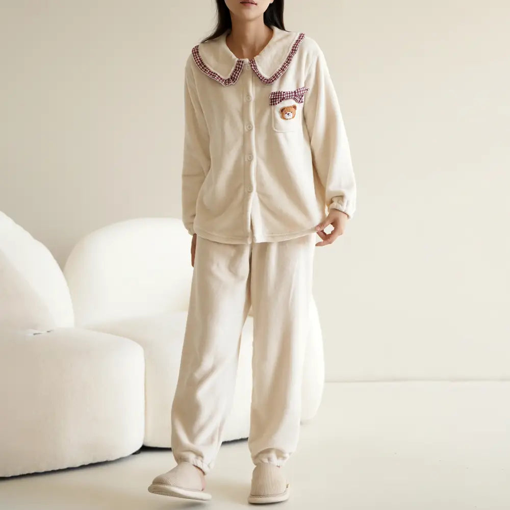 秋冬 レディース パジャマ フリース 長袖 長ズボン 厚手 ドールカラー 可愛い 学院風 ルームウェア ID2741