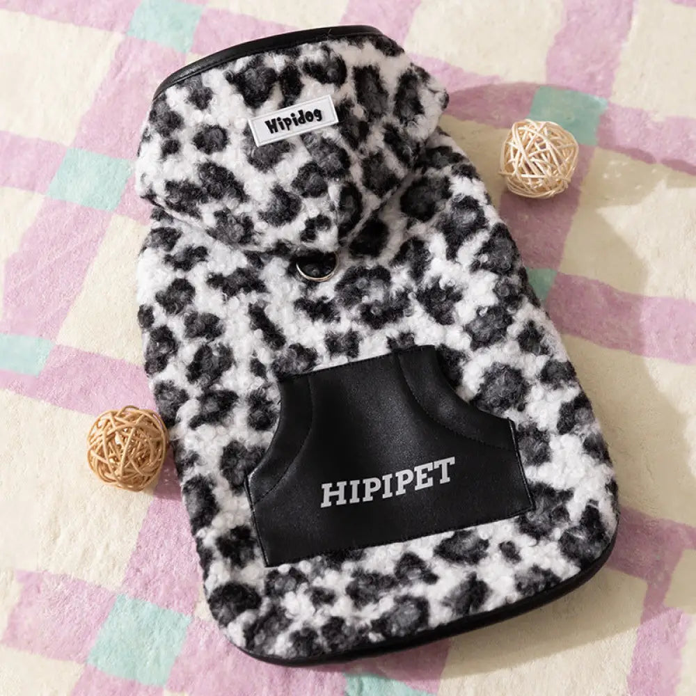 秋冬 レトロ ヒョウ柄 フード付き コーギーフリース 中型犬 背長 加工 フリース ノースリーブ 2足 ベスト 犬服 ID2501 ブラック / S