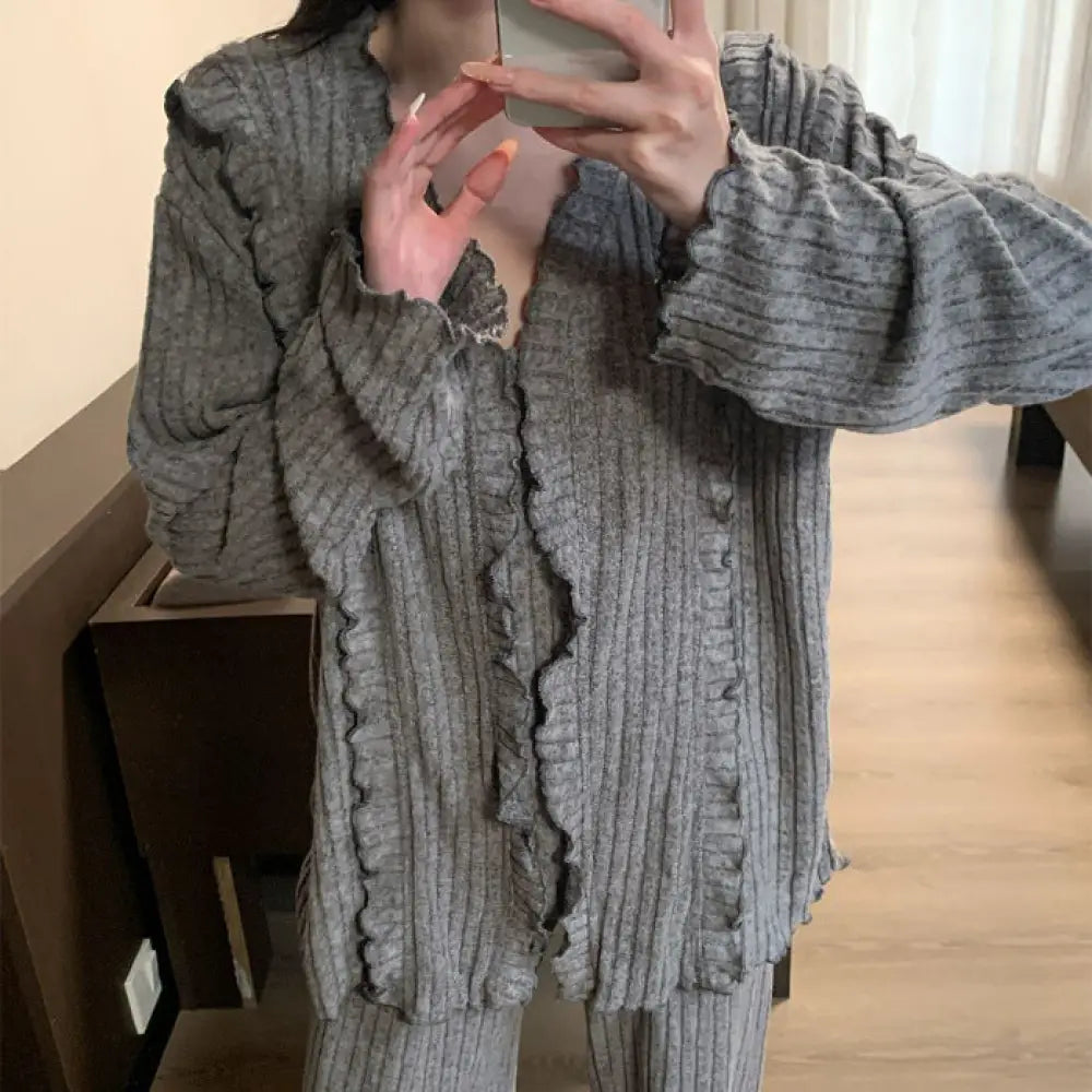 秋冬 ロング パジャマ 女性 ルームウェア フリル 紫色 赤色 外出可能 秋冬 シンプル 加厚 保温 ID2731 ダークグレー / M レディース＞セットアップ