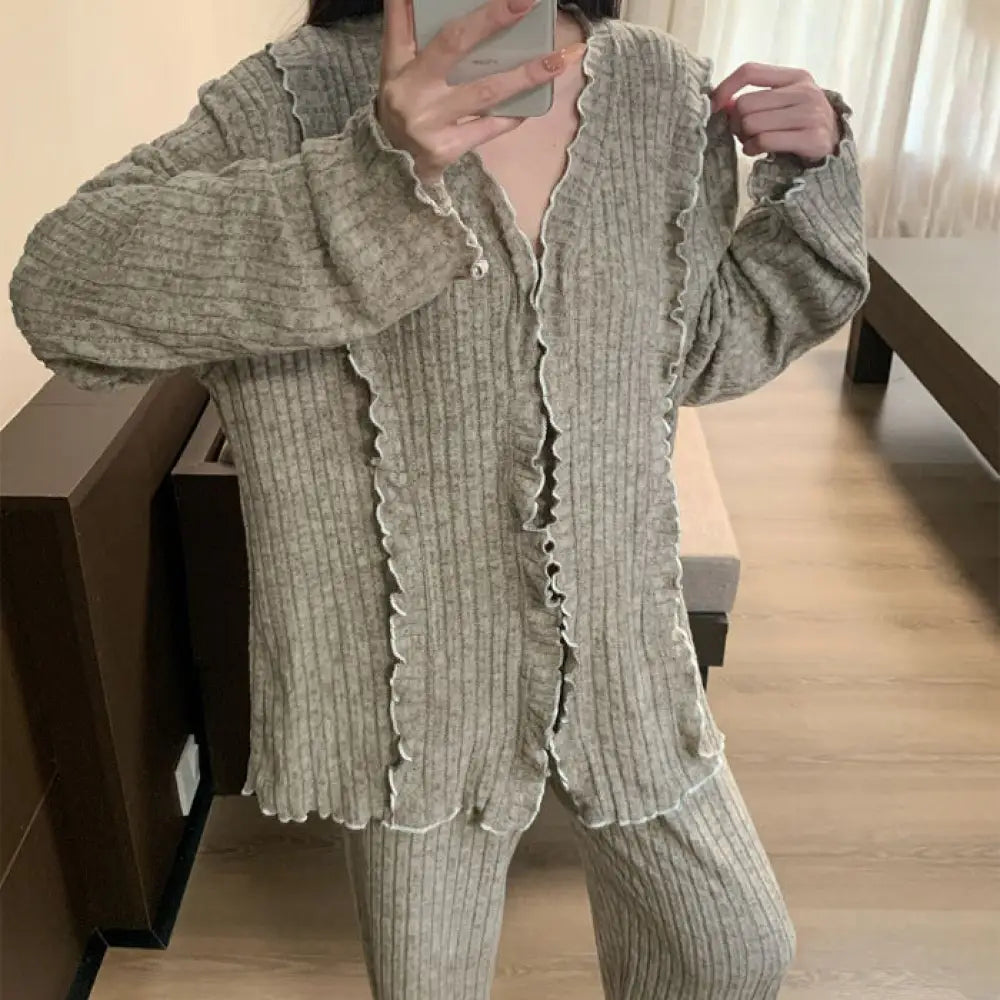 秋冬 ロング パジャマ 女性 ルームウェア フリル 紫色 赤色 外出可能 秋冬 シンプル 加厚 保温 ID2731 グレー / M レディース＞セットアップ