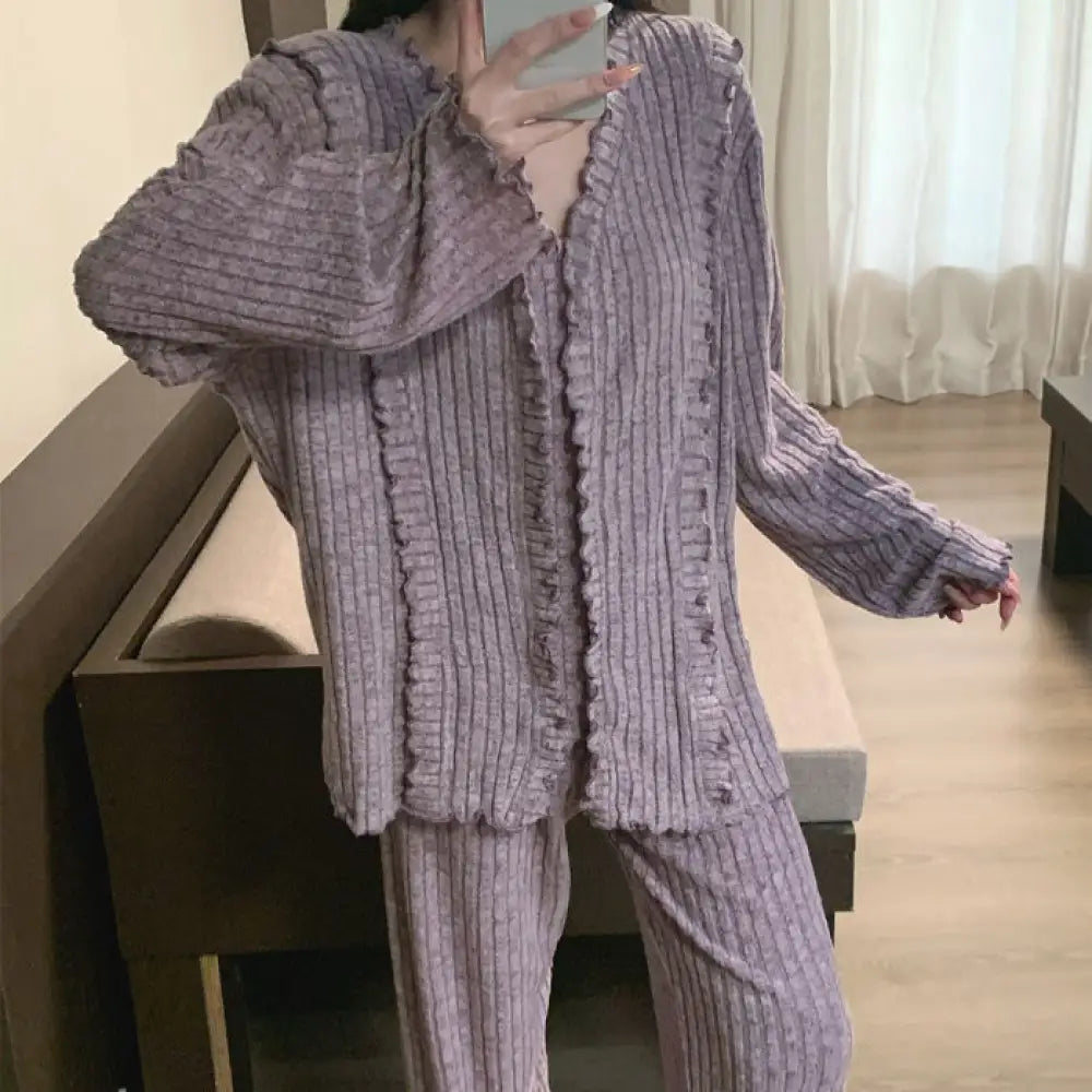 秋冬 ロング パジャマ 女性 ルームウェア フリル 紫色 赤色 外出可能 秋冬 シンプル 加厚 保温 ID2731 パープル / M レディース＞セットアップ