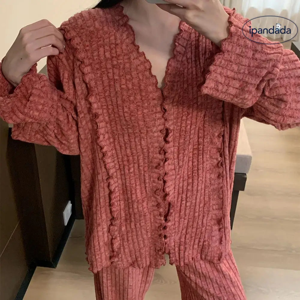 秋冬 ロング パジャマ 女性 ルームウェア フリル 紫色 赤色  外出可能 秋冬 シンプル 加厚 保温 ID2731