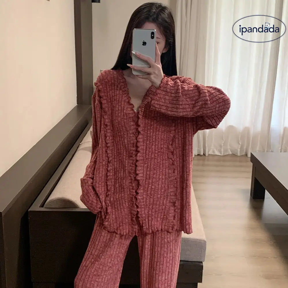 秋冬 ロング パジャマ 女性 ルームウェア フリル 紫色 赤色  外出可能 秋冬 シンプル 加厚 保温 ID2731
