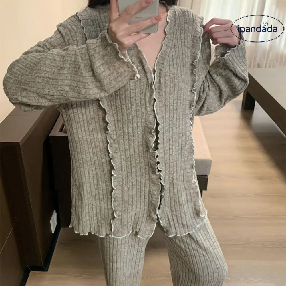 秋冬 ロング パジャマ 女性 ルームウェア フリル 紫色 赤色  外出可能 秋冬 シンプル 加厚 保温 ID2731