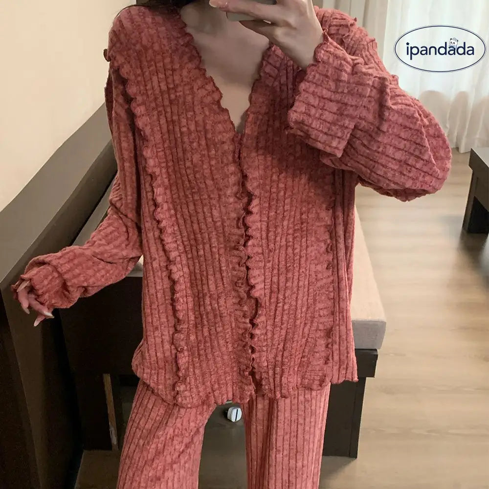 秋冬 ロング パジャマ 女性 ルームウェア フリル 紫色 赤色  外出可能 秋冬 シンプル 加厚 保温 ID2731