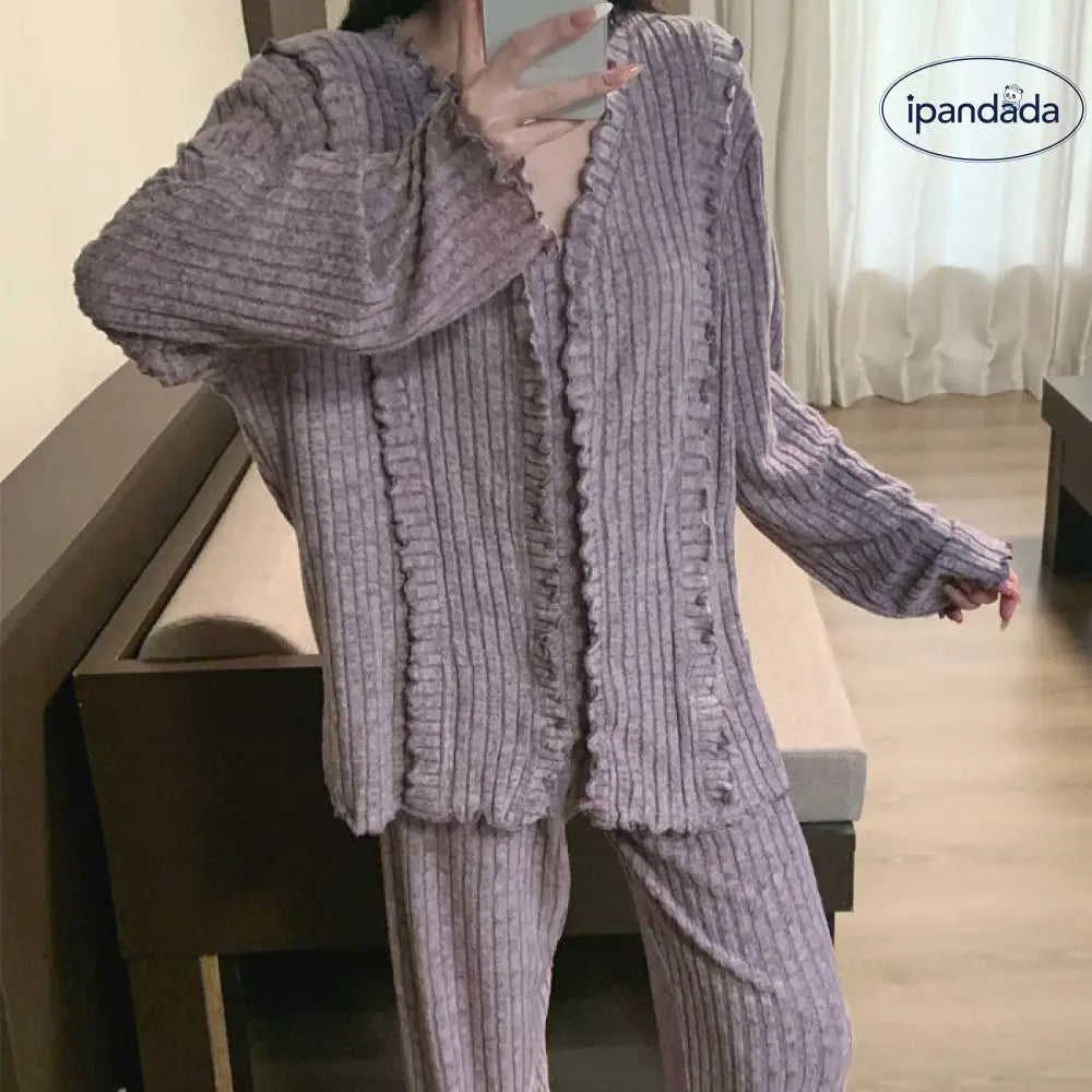 秋冬 ロング パジャマ 女性 ルームウェア フリル 紫色 赤色  外出可能 秋冬 シンプル 加厚 保温 ID2731