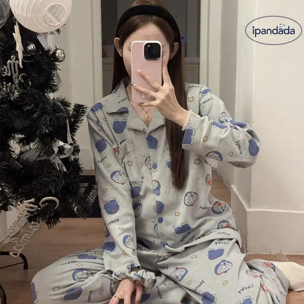 秋冬 シーズン ドラえもん パジャマ レディース 長袖 デロン 発送 ヘアバンド レディース ルームウェア セット カーディガン 学生 ID2906