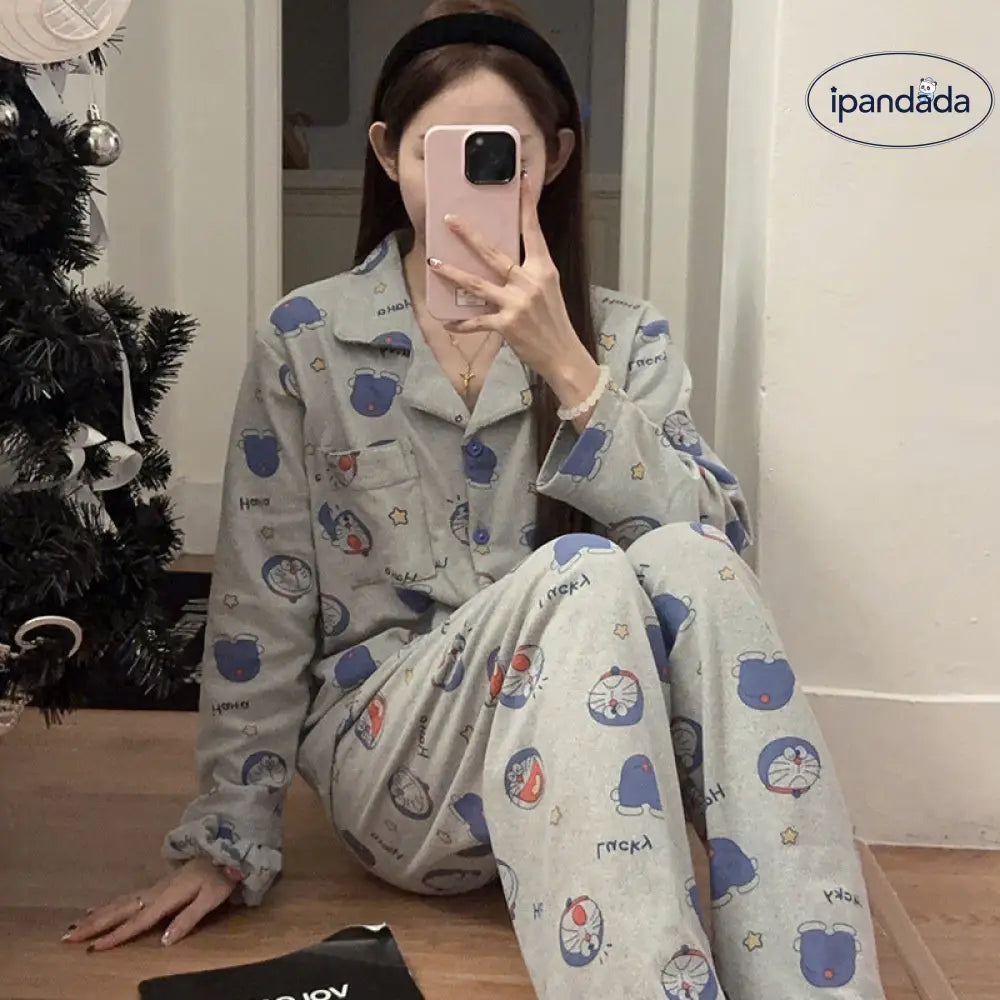 秋冬 シーズン ドラえもん パジャマ レディース 長袖 デロン 発送 ヘアバンド レディース ルームウェア セット カーディガン 学生 ID2906