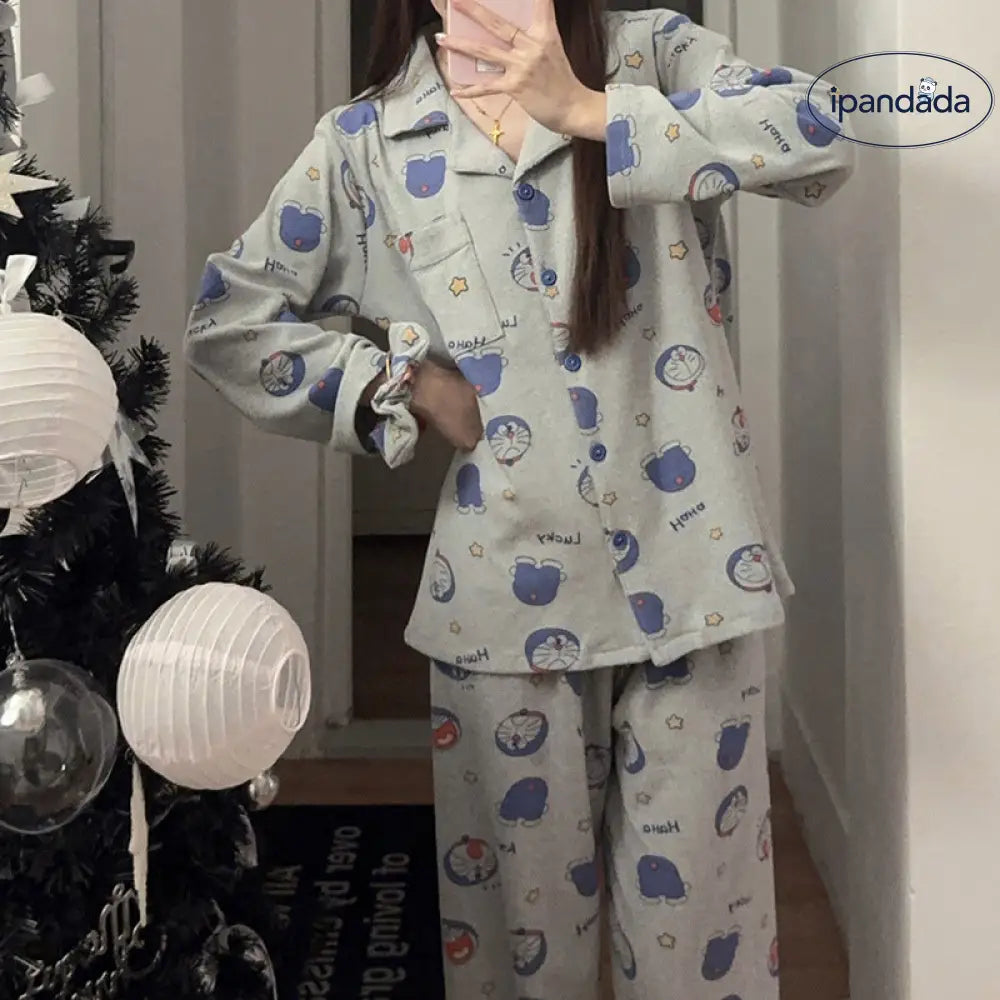 秋冬 シーズン ドラえもん パジャマ レディース 長袖 デロン 発送 ヘアバンド レディース ルームウェア セット カーディガン 学生 ID2906