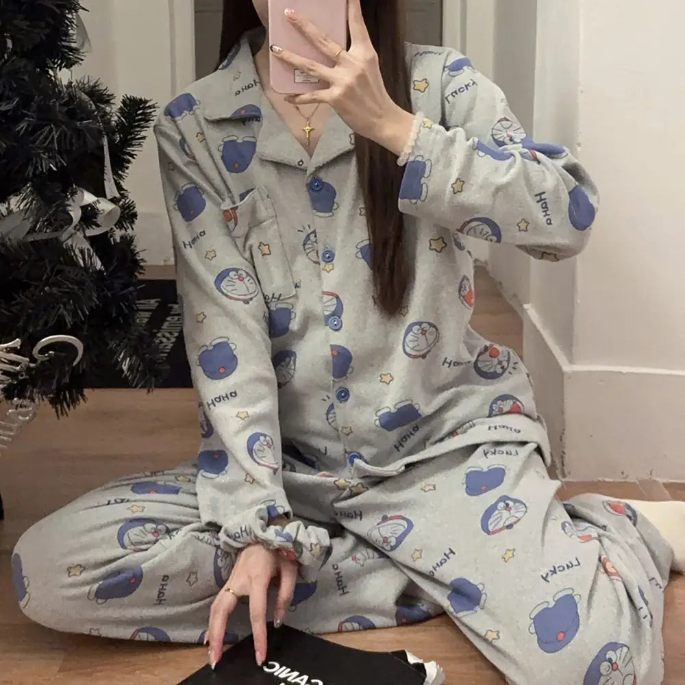 秋冬 シーズン ドラえもん パジャマ レディース 長袖 デロン 発送 ヘアバンド レディース ルームウェア セット カーディガン 学生 ID2906 写真通り / M