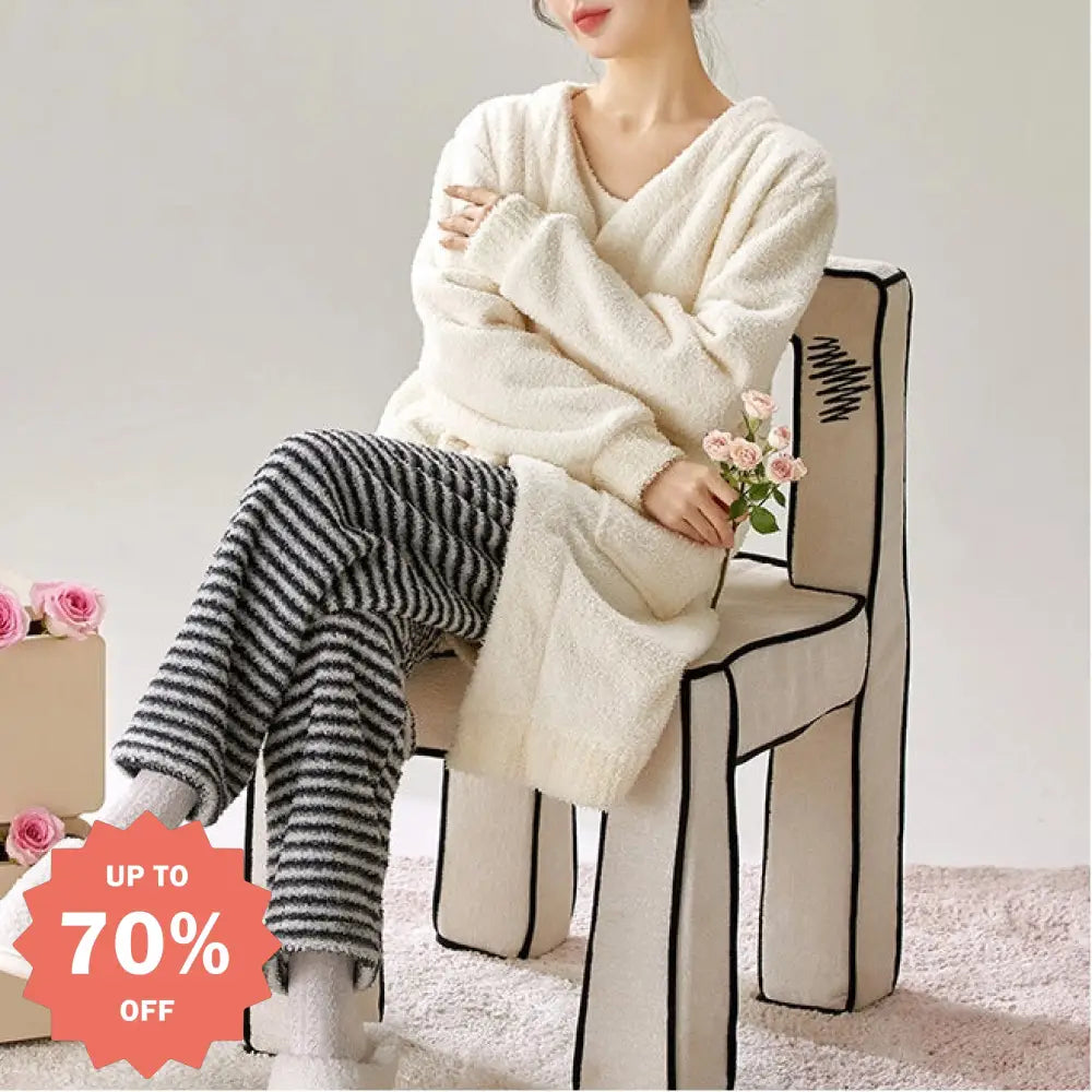 秋冬 シーズン 厚手 フリース パジャマ レディース ガウン キャミソール ロングパンツ 3点セット セクシー ストライプ ルームウェア ID2594