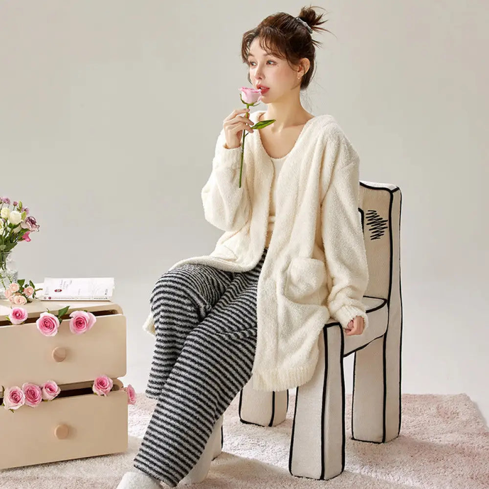 秋冬 シーズン 厚手 フリース パジャマ レディース ガウン キャミソール ロングパンツ 3点セット セクシー ストライプ ルームウェア ID2594 写真通り / M