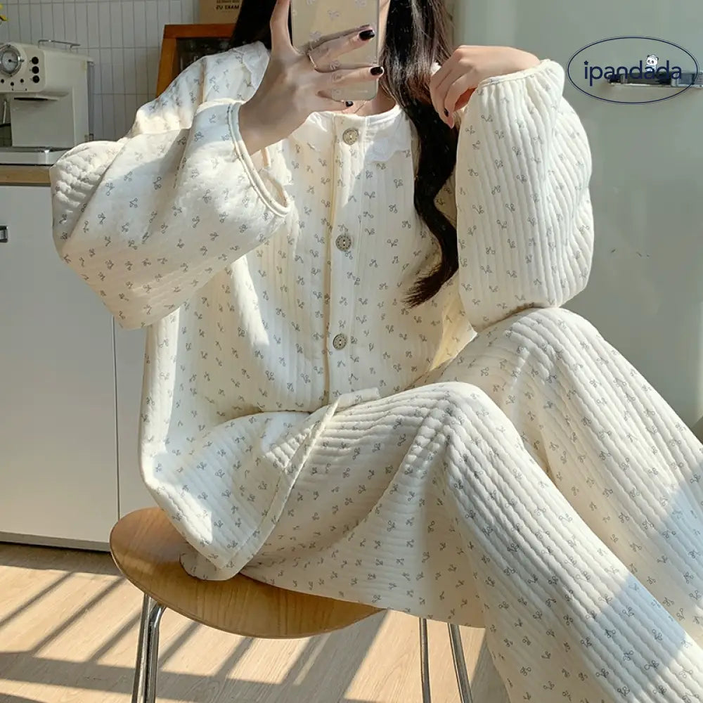 秋冬 シーズン かわいい チェリーパジャマ レディース インフルエンサー 韓国風 厚手 保温 エアコットン レース フリル付き ルームウェアセット ID2280