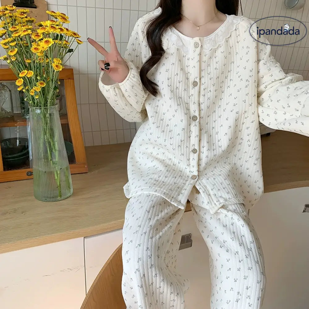 秋冬 シーズン かわいい チェリーパジャマ レディース インフルエンサー 韓国風 厚手 保温 エアコットン レース フリル付き ルームウェアセット ID2280