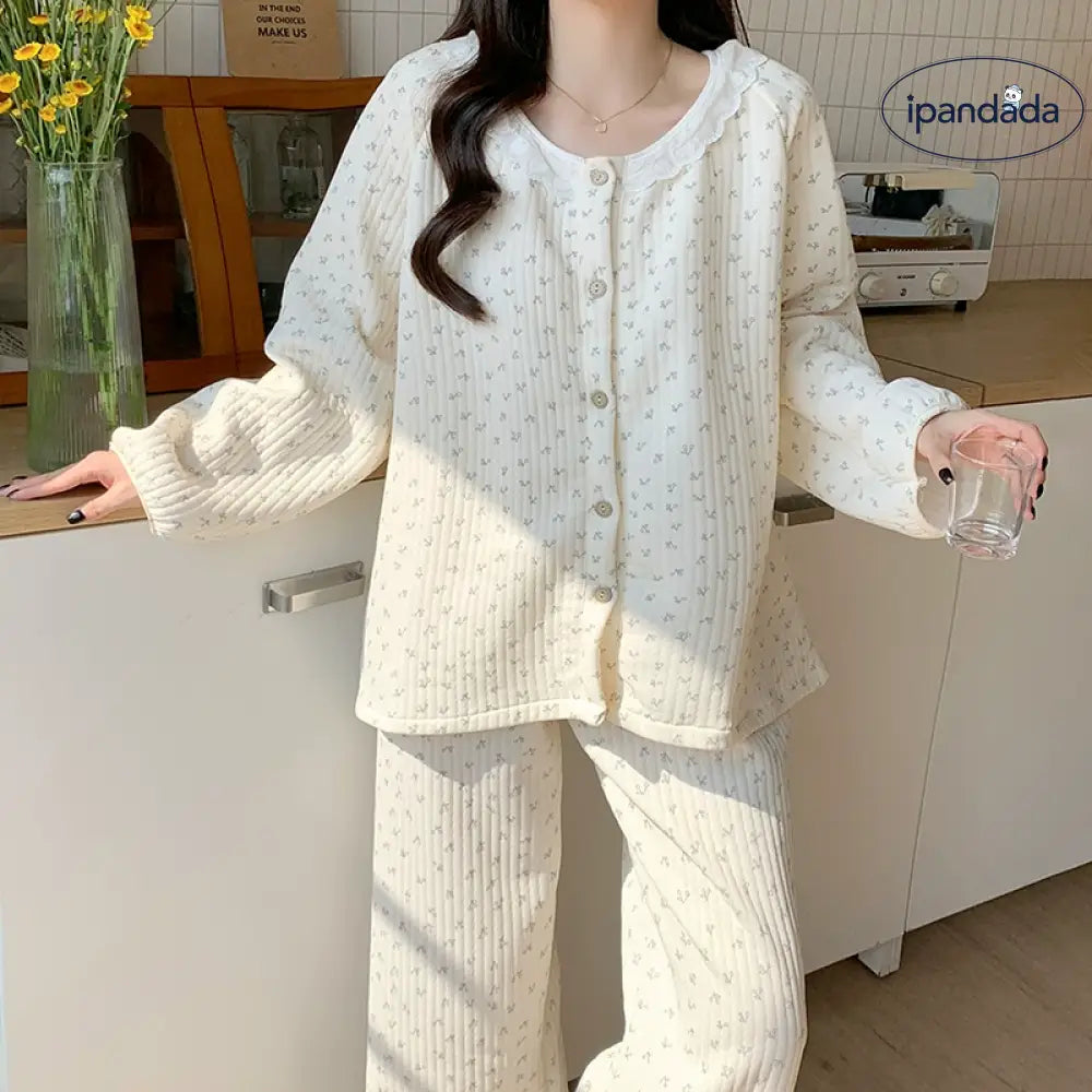 秋冬 シーズン かわいい チェリーパジャマ レディース インフルエンサー 韓国風 厚手 保温 エアコットン レース フリル付き ルームウェアセット ID2280