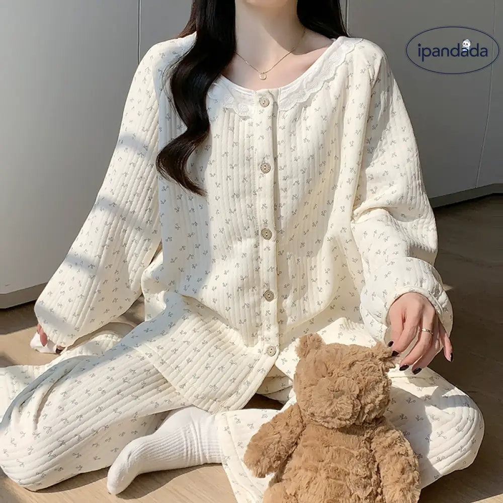 秋冬 シーズン かわいい チェリーパジャマ レディース インフルエンサー 韓国風 厚手 保温 エアコットン レース フリル付き ルームウェアセット ID2280