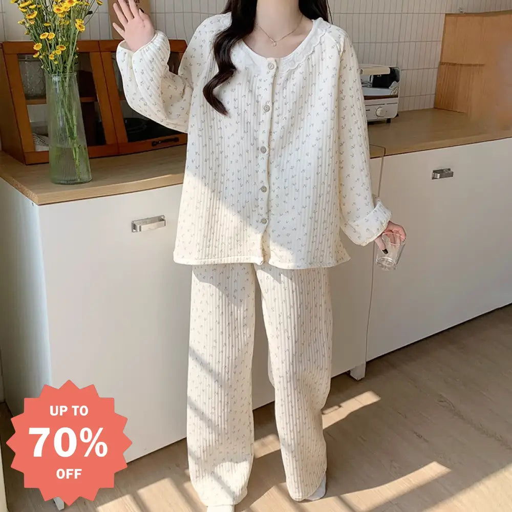 秋冬 シーズン かわいい チェリーパジャマ レディース インフルエンサー 韓国風 厚手 保温 エアコットン レース フリル付き ルームウェアセット ID2280