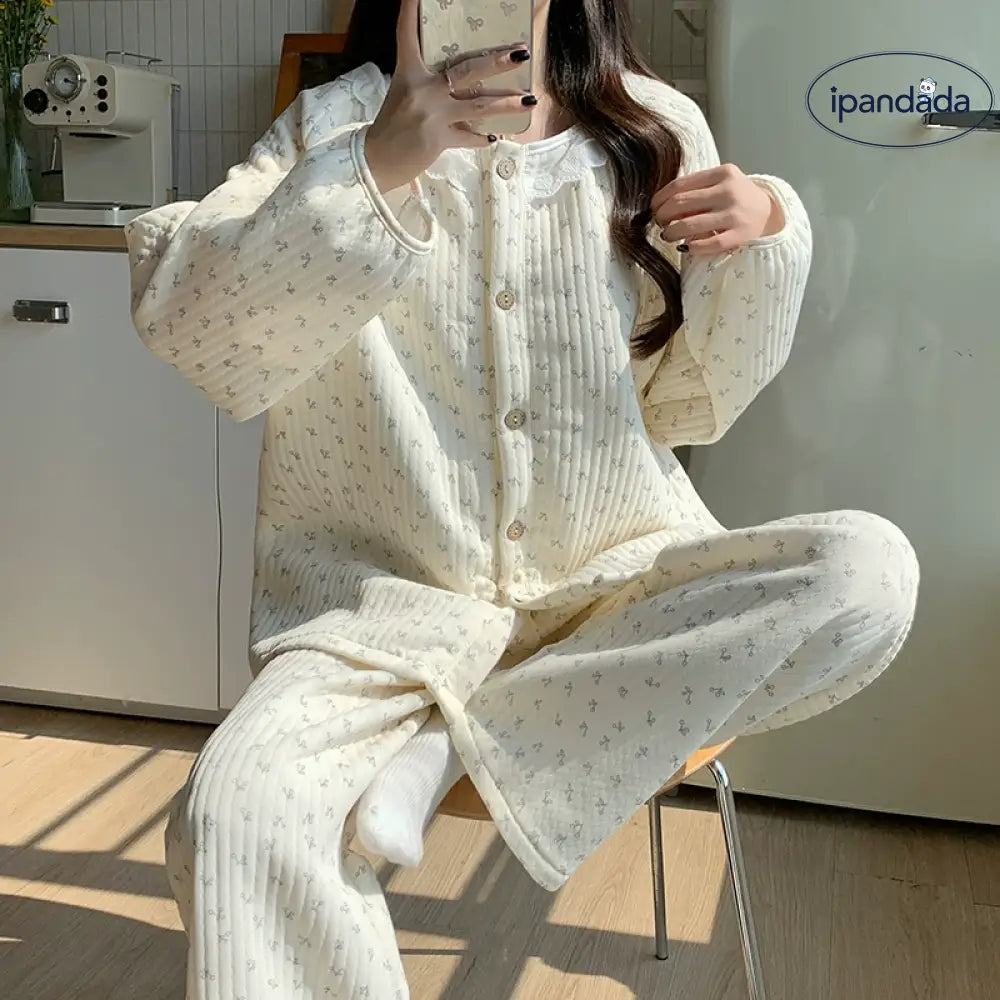 秋冬 シーズン かわいい チェリーパジャマ レディース インフルエンサー 韓国風 厚手 保温 エアコットン レース フリル付き ルームウェアセット ID2280