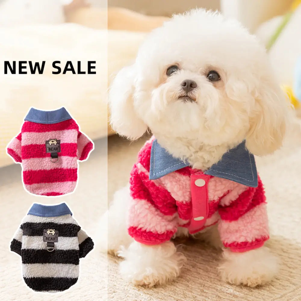 秋冬 シーズン 小犬の服 ストライプ シャツ襟 二足 フリース 厚手 保温 秋用 ペットウェア 猫の服 ID2597