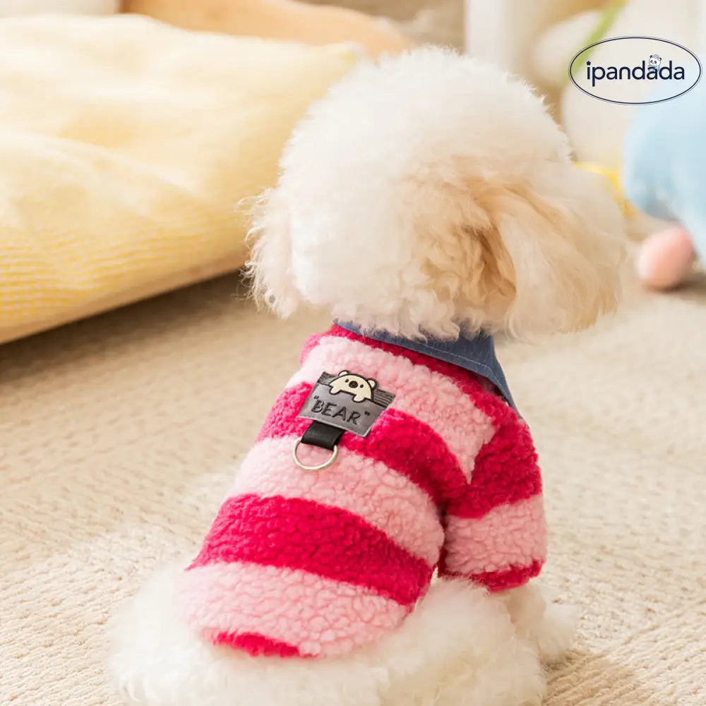 秋冬 シーズン 小犬の服 ストライプ シャツ襟 二足 フリース 厚手 保温 秋用 ペットウェア 猫の服 ID2597