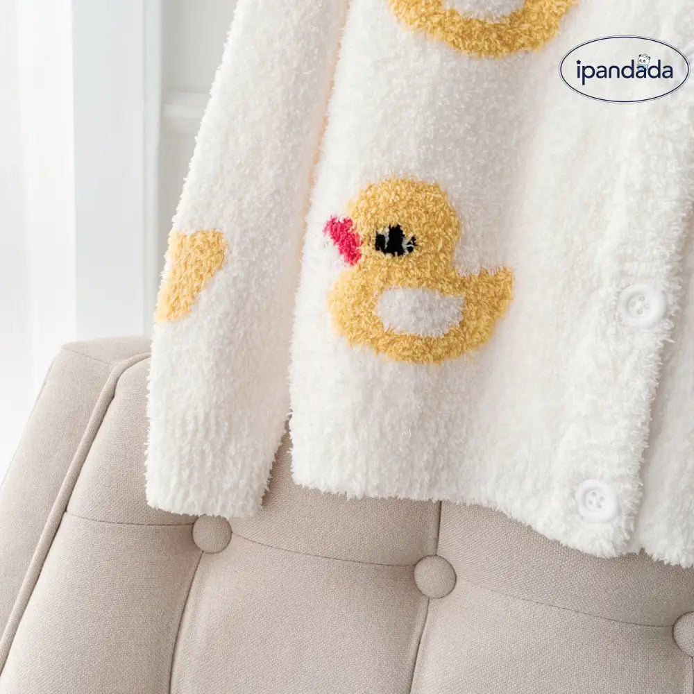 秋冬 ソフト フワフワ 親子 子供 可愛い 黄色いアヒル カーディガン 丸首 長袖 長ズボン パジャマ セット ID3267