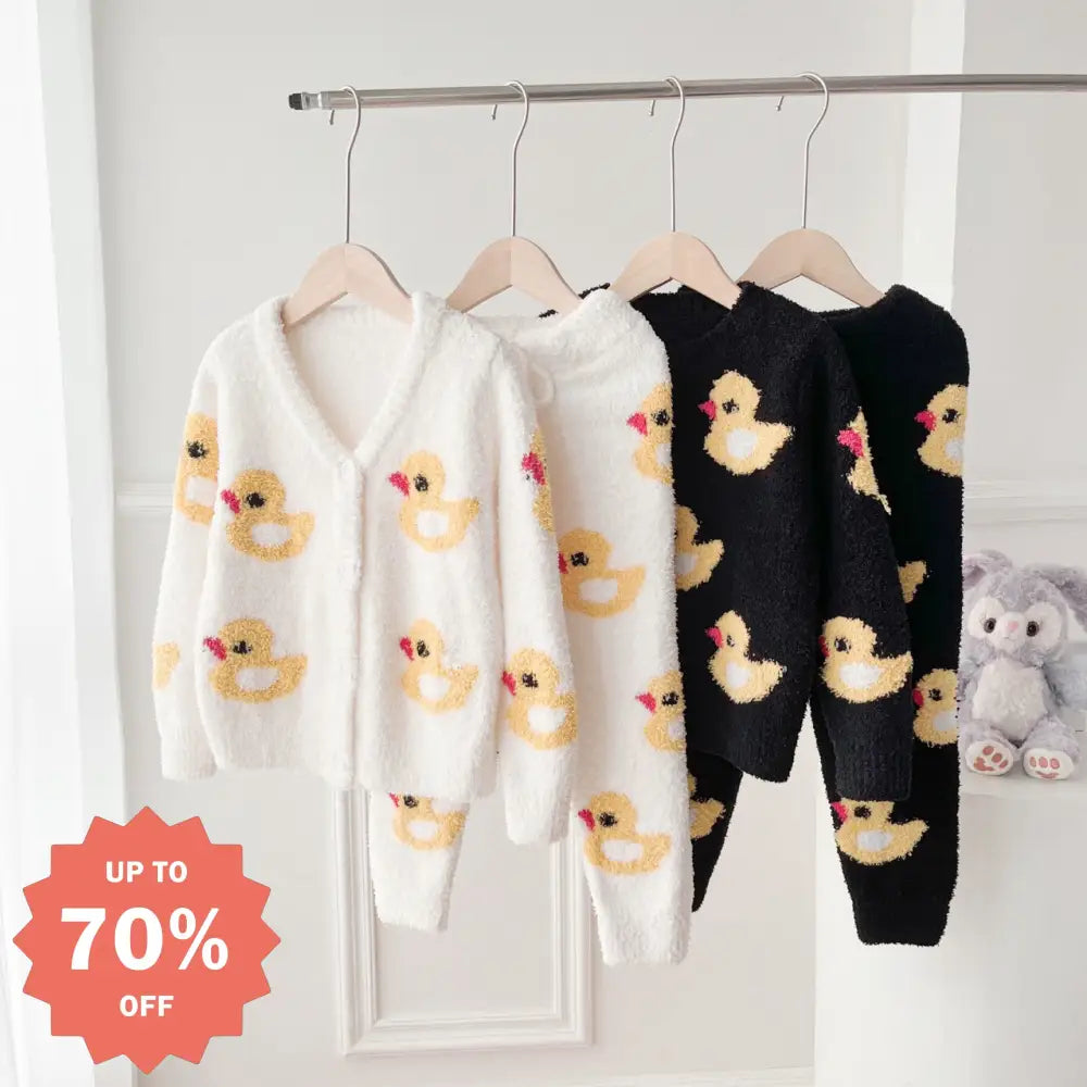 秋冬 ソフト フワフワ 親子 子供 可愛い 黄色いアヒル カーディガン 丸首 長袖 長ズボン パジャマ セット ID3267