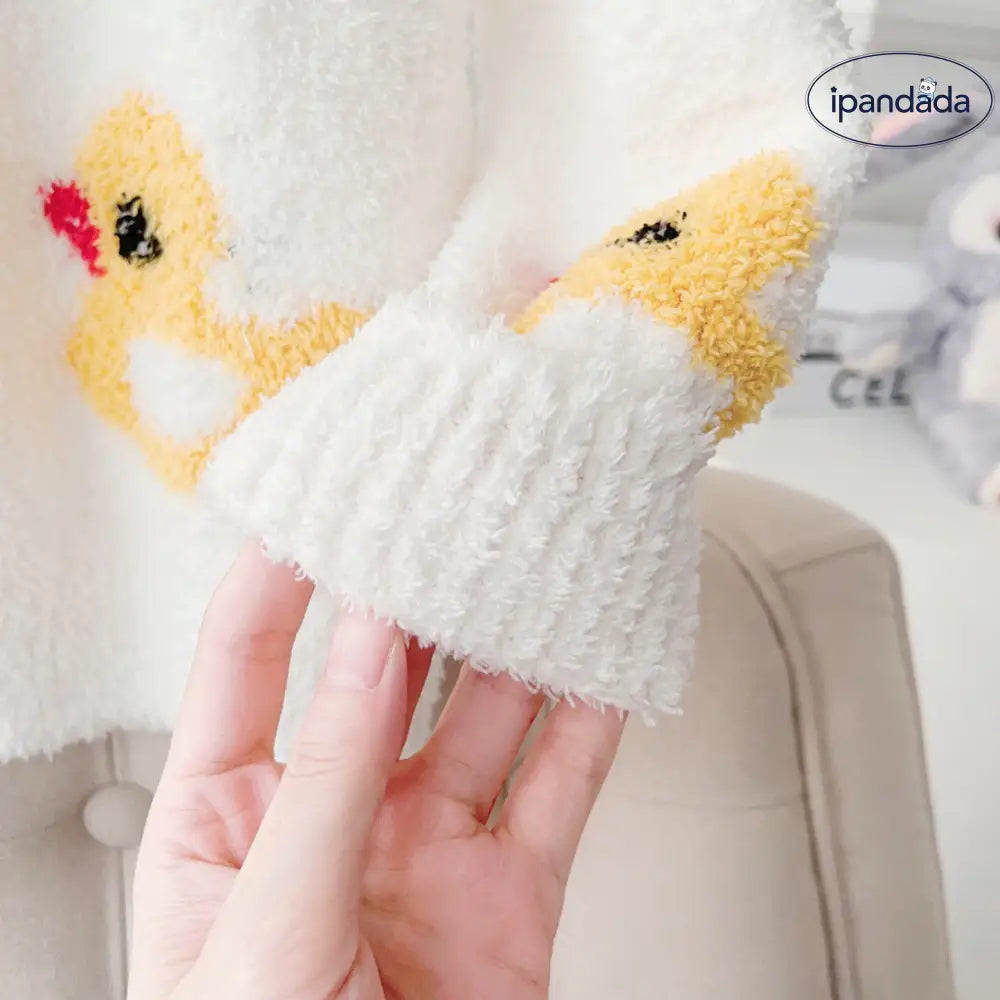 秋冬 ソフト フワフワ 親子 子供 可愛い 黄色いアヒル カーディガン 丸首 長袖 長ズボン パジャマ セット ID3267